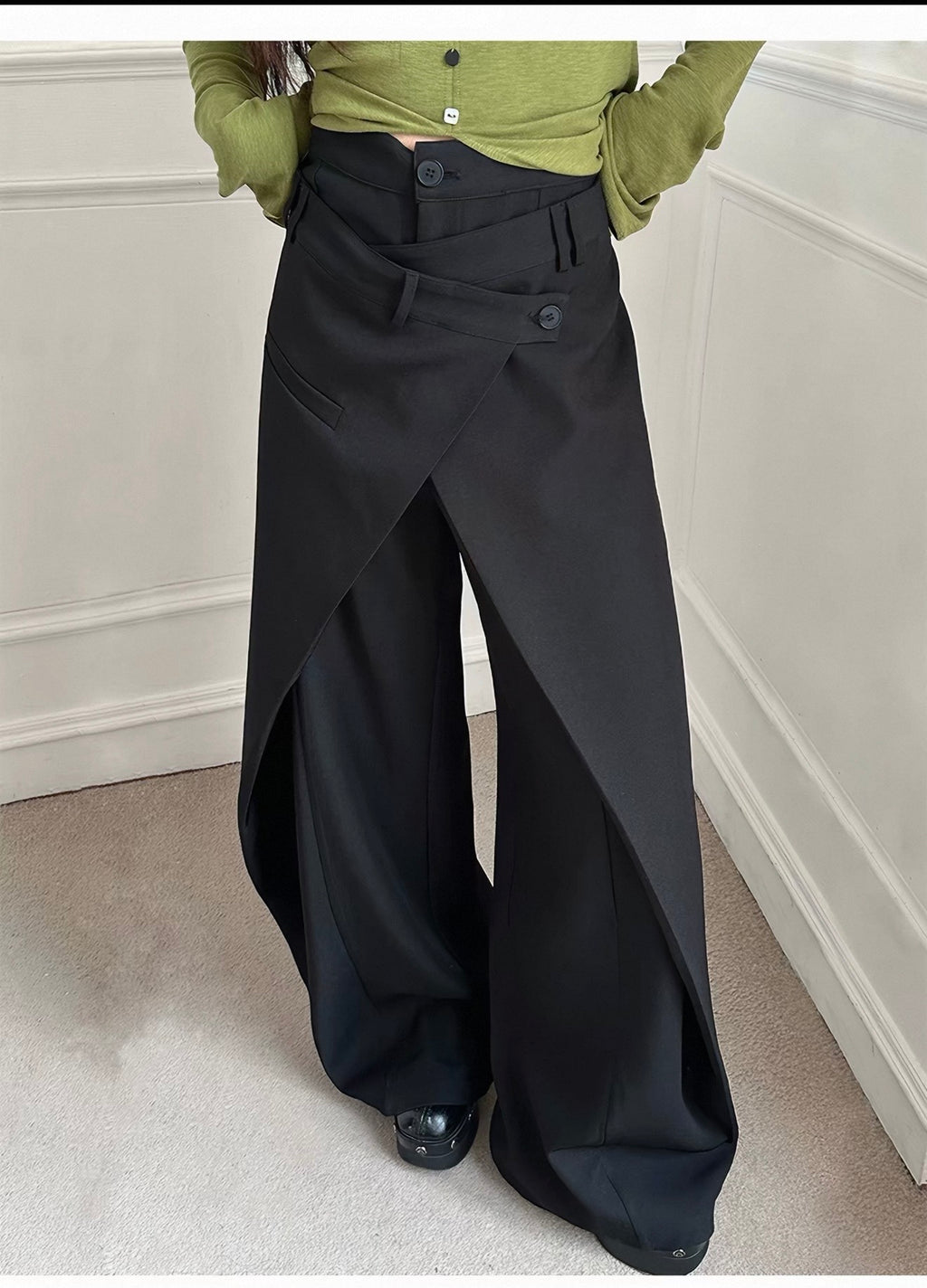 Layered Wrap-Front Wide-Leg Tailored Pants
